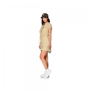 Von Dutch Beverly Washed Linen With Short Sleeves And Embroidery Women Dress Beige | US-HBFKJM012