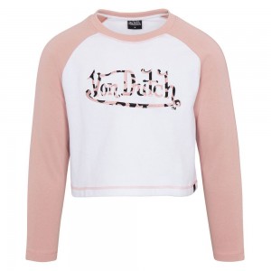 Von Dutch Cheetah Pink Ls Crop Women T-Shirt White / Beige | US-CWZPQX097