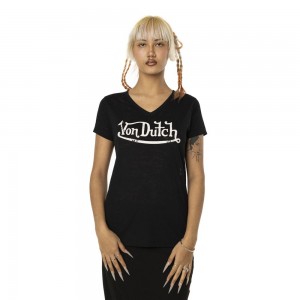 Von Dutch Classic V-neck with Front Print Women T-Shirt Black / White | US-WYUKZM829