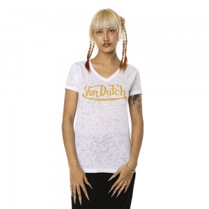 Von Dutch Classic V-neck with Front Print Women T-Shirt White / Orange | US-KXGTWB478