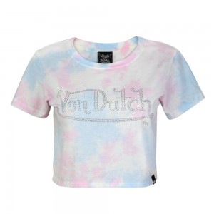 Von Dutch Cotton Candy Tie Dye Crop Men T-Shirt Light Blue / Rose | US-AJSEQK487