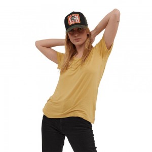 Von Dutch Flowy V-Neck With Rhinestones Roon Women T-Shirt Yellow | US-BCKPVM614