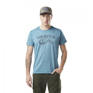 Von Dutch Heathered Round Neck With Front Print Calif Men T-Shirt Blue | US-XSMATN570