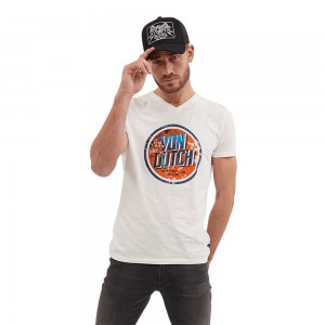 Von Dutch Hit Cotton V-Neck Men T-Shirt White / Orange / Blue | US-MXWCNE489