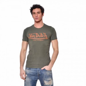 Von Dutch Life Slim Fit Men T-Shirt Green Khaki / Orange | US-VFDNQS087