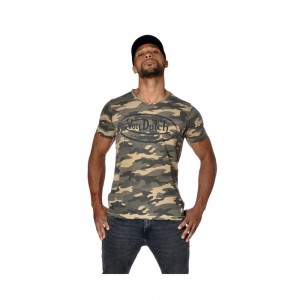 Von Dutch Ron Camouflage Slim Fit V-Neck Men T-Shirt Green | US-GBNXVP847