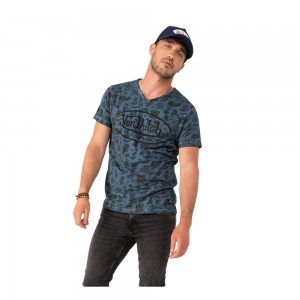 Von Dutch Ron Cotton V-Neck Men T-Shirt Blue / Black / Green | US-XUIRKJ973