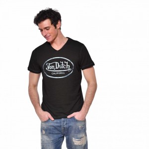 Von Dutch Ron Slim Fit V-Neck Men T-Shirt Black / Grey | US-BEMQVU539