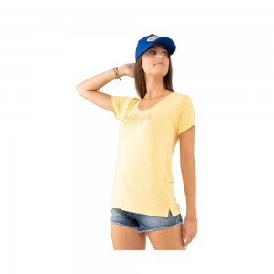 Von Dutch Roon Strass Logo V-neck Women T-Shirt Yellow | US-BRLIGV683