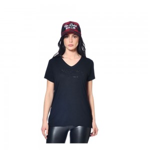 Von Dutch Roon V-Neck Women T-Shirt Black | US-MJNFKW720