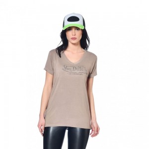 Von Dutch Roon V-Neck Women T-Shirt Brown | US-SLXRFW476