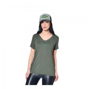 Von Dutch Roon V-Neck Women T-Shirt Khaki | US-ZWGSBK698