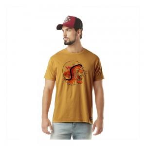 Von Dutch Round Neck And Print With Acid Wash In Lion Cotton Men T-Shirt Orange / Yellow / Black | US-LTBIAN198