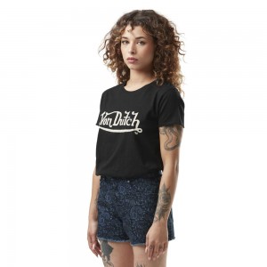 Von Dutch Round Neck In Slub Cotton With Slub Front Print Women T-Shirt Black / White | US-RVHLCE092