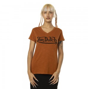 Von Dutch Round Neck In Slub Cotton With Slub Front Print Women T-Shirt Brown / Black | US-WAJEPY081