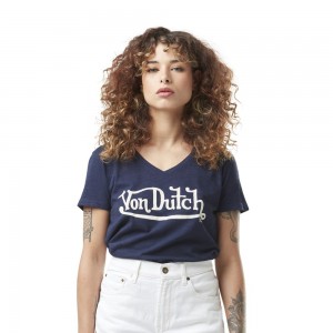 Von Dutch Round Neck In Slub Cotton With Slub Front Print Women T-Shirt Navy / White | US-HTWZPO910