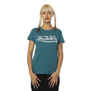 Von Dutch Round Neck In Slub Cotton With Slub Front Print Women T-Shirt Blue / White | US-DEKSHI316