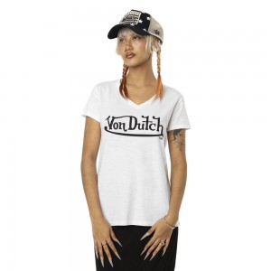 Von Dutch Round Neck In Slub Cotton With Slub Front Print Women T-Shirt White / Black | US-JDXPZA697