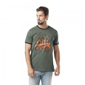 Von Dutch Round Neck With Fire Cotton Print Khaki Men T-Shirt Khaki / Orange | US-VQCUEN354