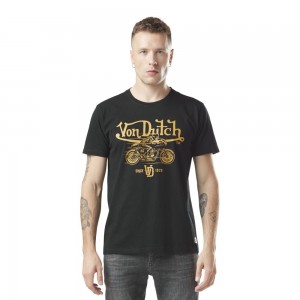 Von Dutch Round Neck With Front Print With Acid Wash In Bike Cotton Men T-Shirt Black | US-UOTFPB932