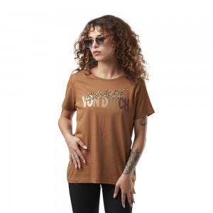 Von Dutch Round Neck With Leopard Cotton Print Women T-Shirt Brown | US-JUMXBC162