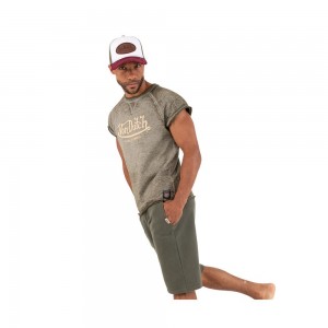 Von Dutch Short Sleeve Distressed With Front Print Tast Men T-Shirt Khaki | US-OLBCDT267