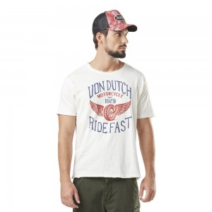 Von Dutch Slub Round Neck With Print In Fast Cotton Men T-Shirt White / Red / Blue | US-GXVEYT217