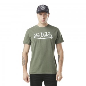 Von Dutch Stretch Round Neck With Life Logo Men T-Shirt Green Khaki / White | US-QUTCNA239