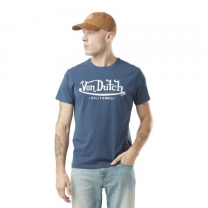 Von Dutch Stretch Round Neck With Life Logo Men T-Shirt Dark Blue / White | US-ACONHM560