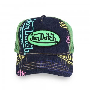 Von Dutch Trucker Logo Denim Cap Navy / Green | US-TPHNGJ397