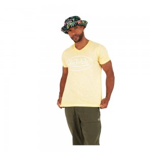 Von Dutch Tyron Cotton V-Neck Men T-Shirt Yellow Pastel / White | US-DXTUVH087