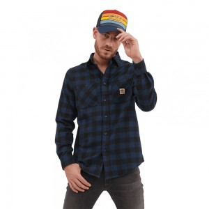 Von Dutch Very Soft Plaid Checked With Woven Badge On The Jack Pocket Men Shirts Blue | US-KEHYZM085