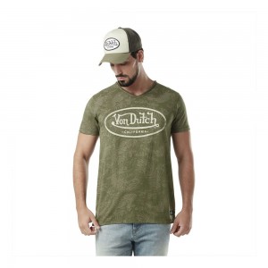 Von Dutch V-neck With Cotton Treatment Ron Men T-Shirt Khaki / White | US-AKLTMZ257