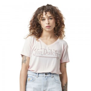 Von Dutch V-neck With Print And Rhinestones On Front Roan Women T-Shirt Rose | US-KVSPHD968