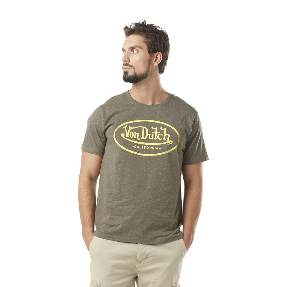 Von Dutch Aaron Neppy Round Neck Cotton Men T-Shirt Khaki / Yellow | US-CRUYLS290