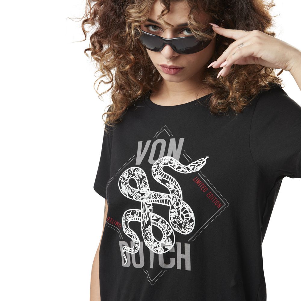 Von Dutch Acid Wash With Snake Cotton Print Women T-Shirt Black | US-ZKVAUC967