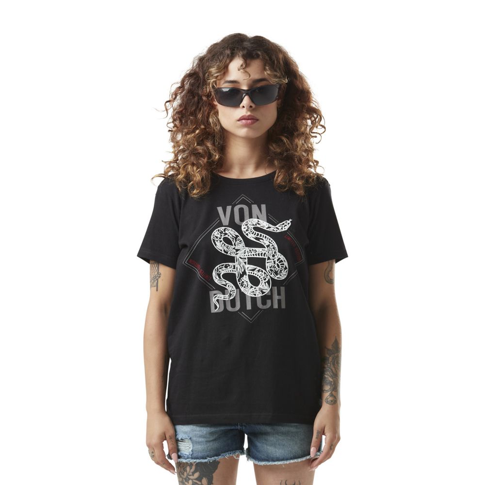 Von Dutch Acid Wash With Snake Cotton Print Women T-Shirt Black | US-ZKVAUC967