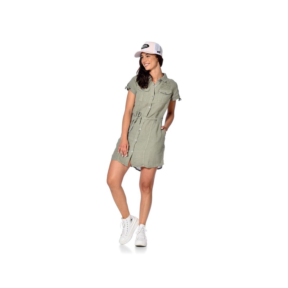 Von Dutch Beverly Washed Linen With Short Sleeves And Embroidery Women Dress Green Khaki | US-VLHTCD768