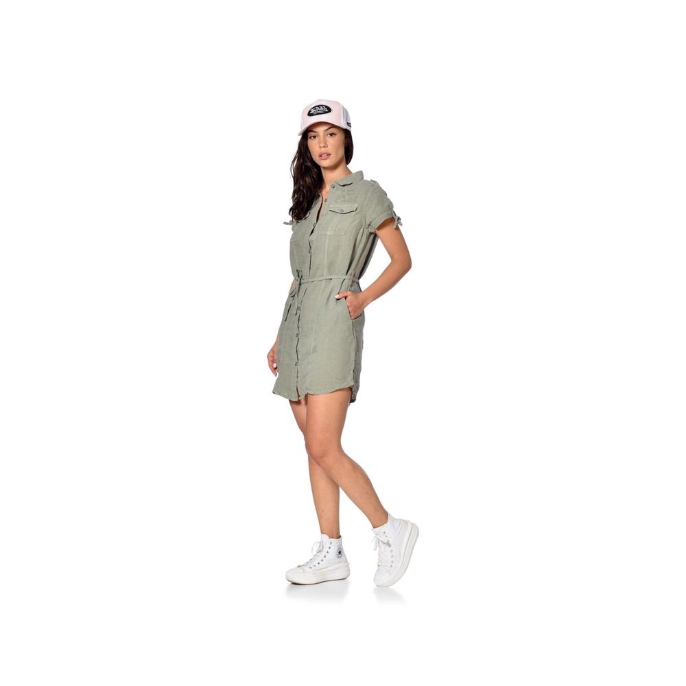 Von Dutch Beverly Washed Linen With Short Sleeves And Embroidery Women Dress Green Khaki | US-VLHTCD768