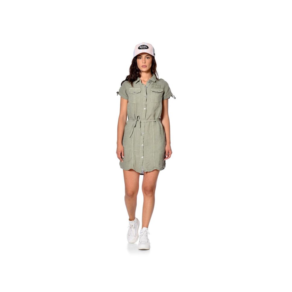 Von Dutch Beverly Washed Linen With Short Sleeves And Embroidery Women Dress Green Khaki | US-VLHTCD768