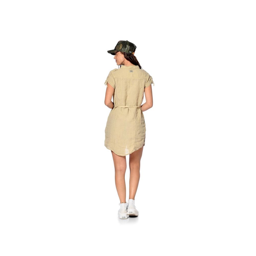 Von Dutch Beverly Washed Linen With Short Sleeves And Embroidery Women Dress Beige | US-HBFKJM012