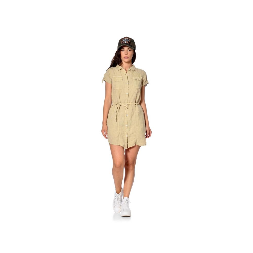 Von Dutch Beverly Washed Linen With Short Sleeves And Embroidery Women Dress Beige | US-HBFKJM012