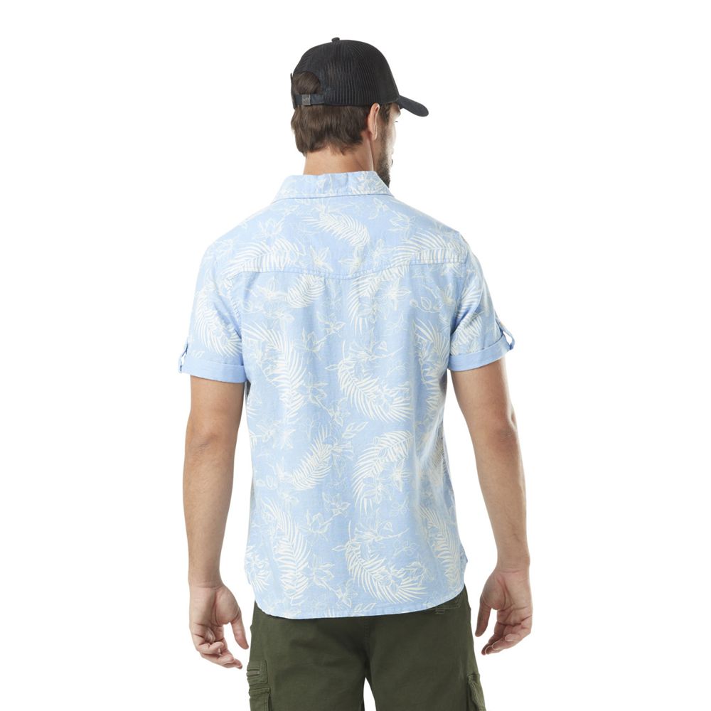 Von Dutch Chambray Flower Print Cotton Men Shirts Blue / White | US-KFJLZE615