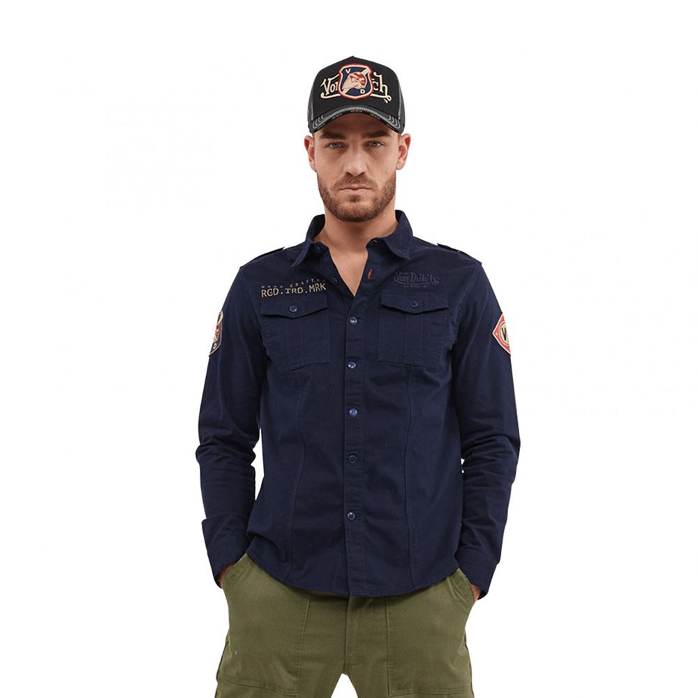 Von Dutch Comfort Canvas With Mick Embroidered Badges Men Shirts Blue | US-PIYNQX923