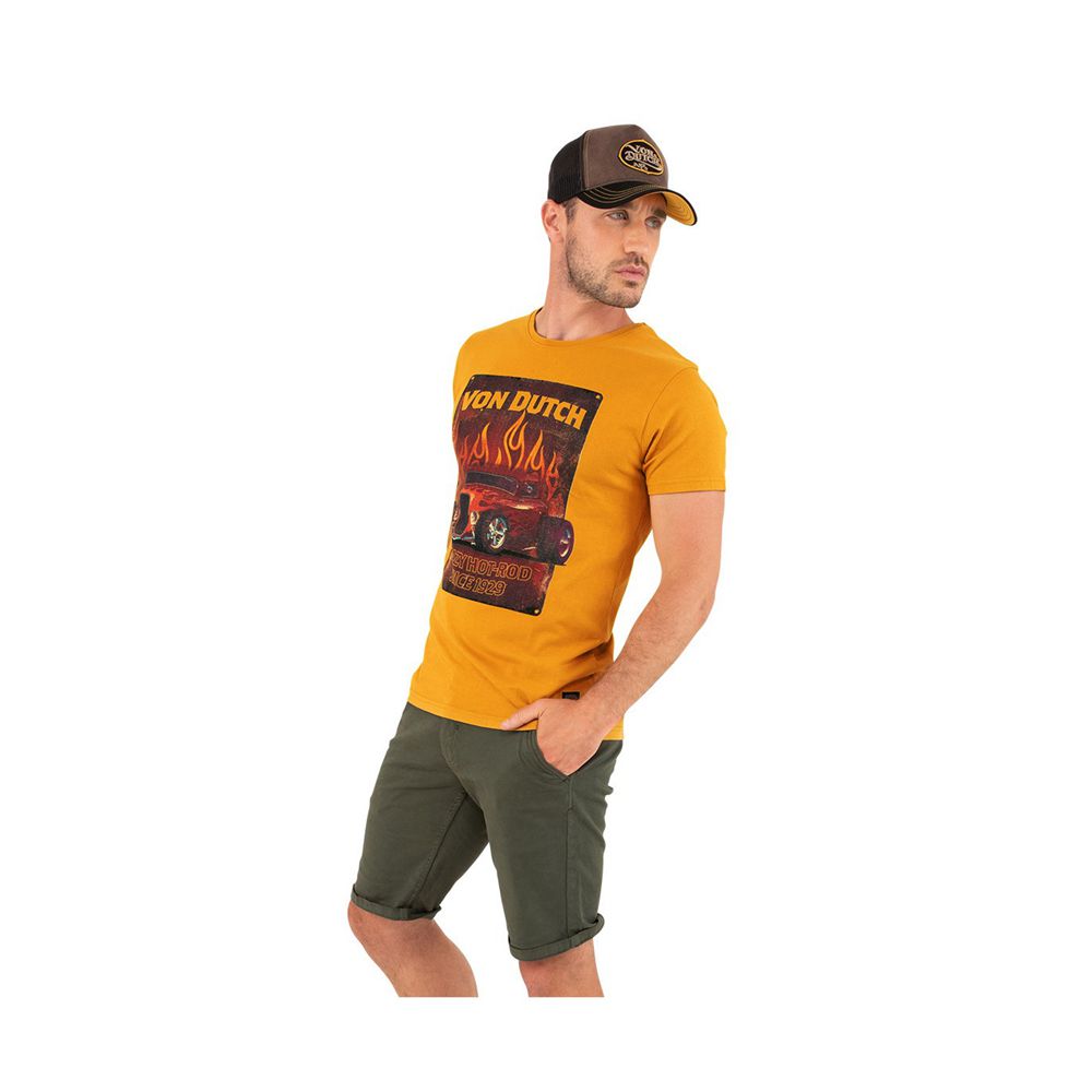 Von Dutch Crazy Cotton Regular-Fit Round-Neck Men T-Shirt Yellow Moutarde | US-UGSABZ876