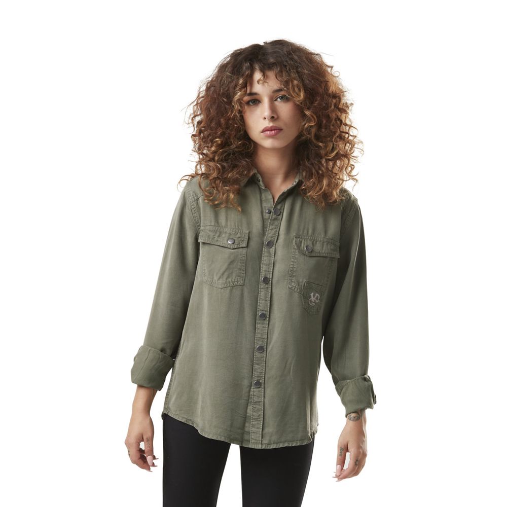 Von Dutch Denim Effect Buttoned Women Shirts Khaki | US-EMRFHW718