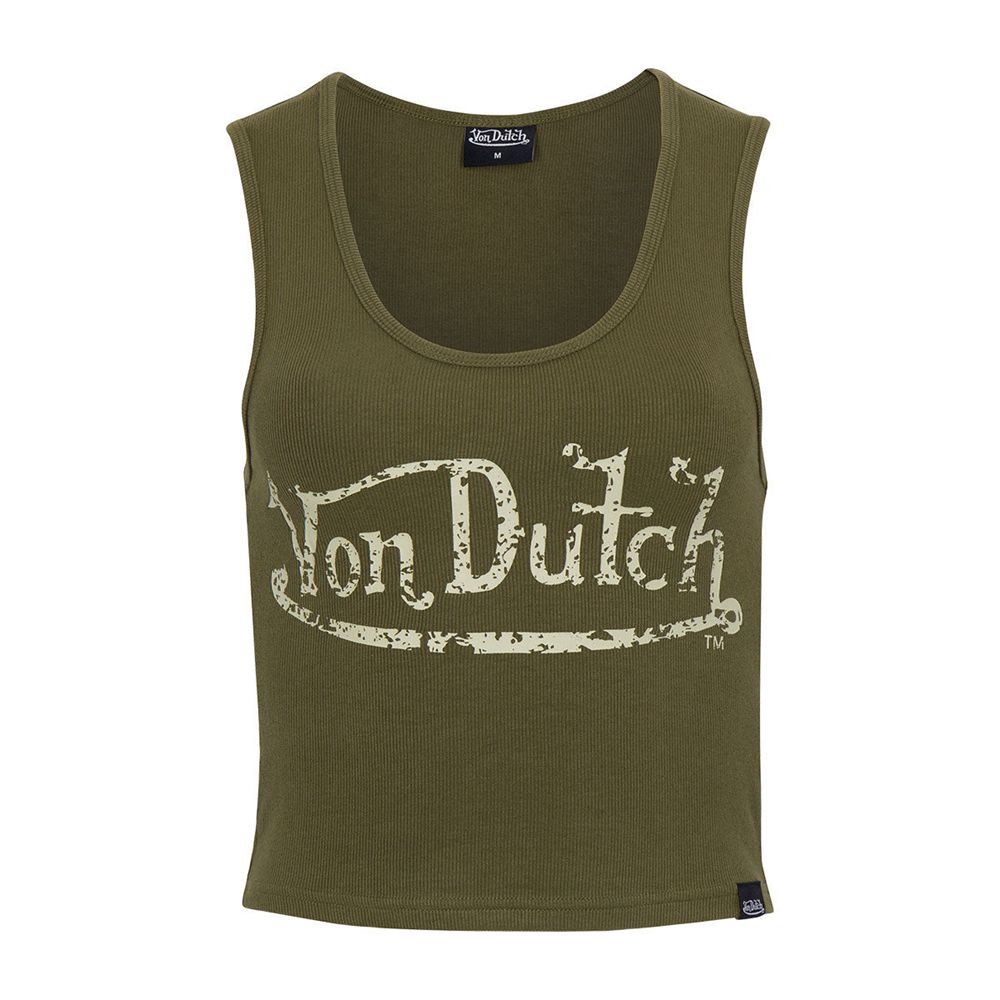 Von Dutch Distressed Logo Crop Women Tank Top Olive | US-YGDPKR832