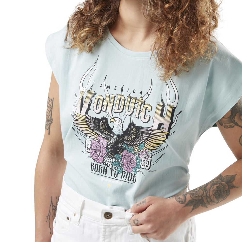 Von Dutch Eagle Front Print Round Neck Women T-Shirt Turquoise | US-GVNLSI723