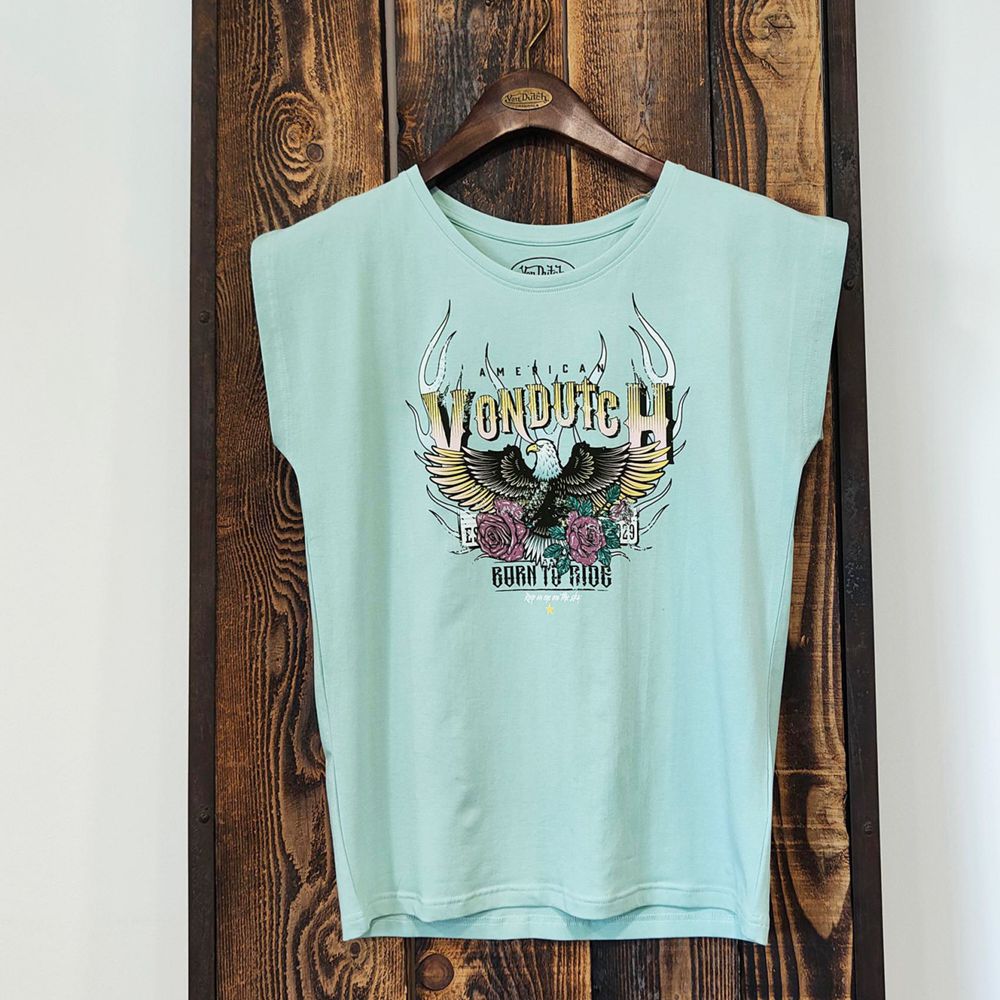 Von Dutch Eagle Front Print Round Neck Women T-Shirt Turquoise | US-GVNLSI723