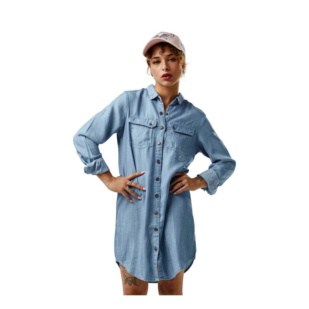 Von Dutch Effect Shirt Jeans Women Dress Blue | US-FEZAQH759